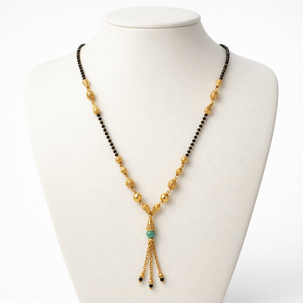Minimal Gold Finish Short Mangalsutra with Black Beads & Green Tassel Pendant – Daily Wear Modern Mangalsutra Necklace