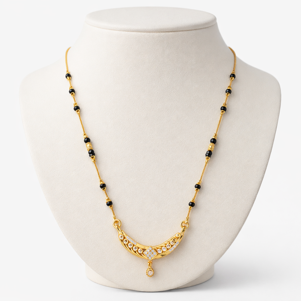 Curved Bar Short Mangalsutra with Crystal Detailing – Modern Black Bead Gold Finish Daily Wear Necklace