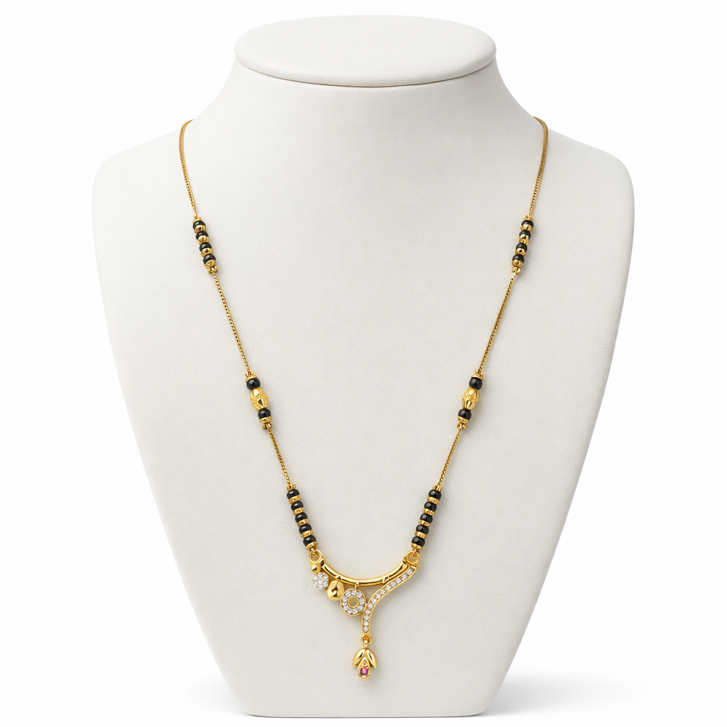 Curved Drop Short Mangalsutra with Crystal Accents – Modern Black Bead Gold Finish Daily Wear Necklace