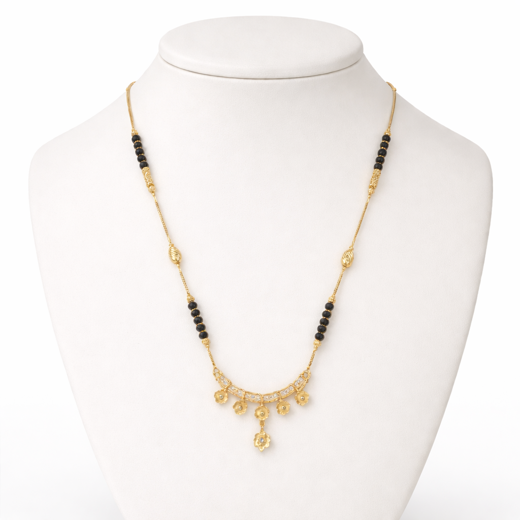Floral Drop Short Mangalsutra with Gold Finish – Modern Black Bead Daily Wear Necklace