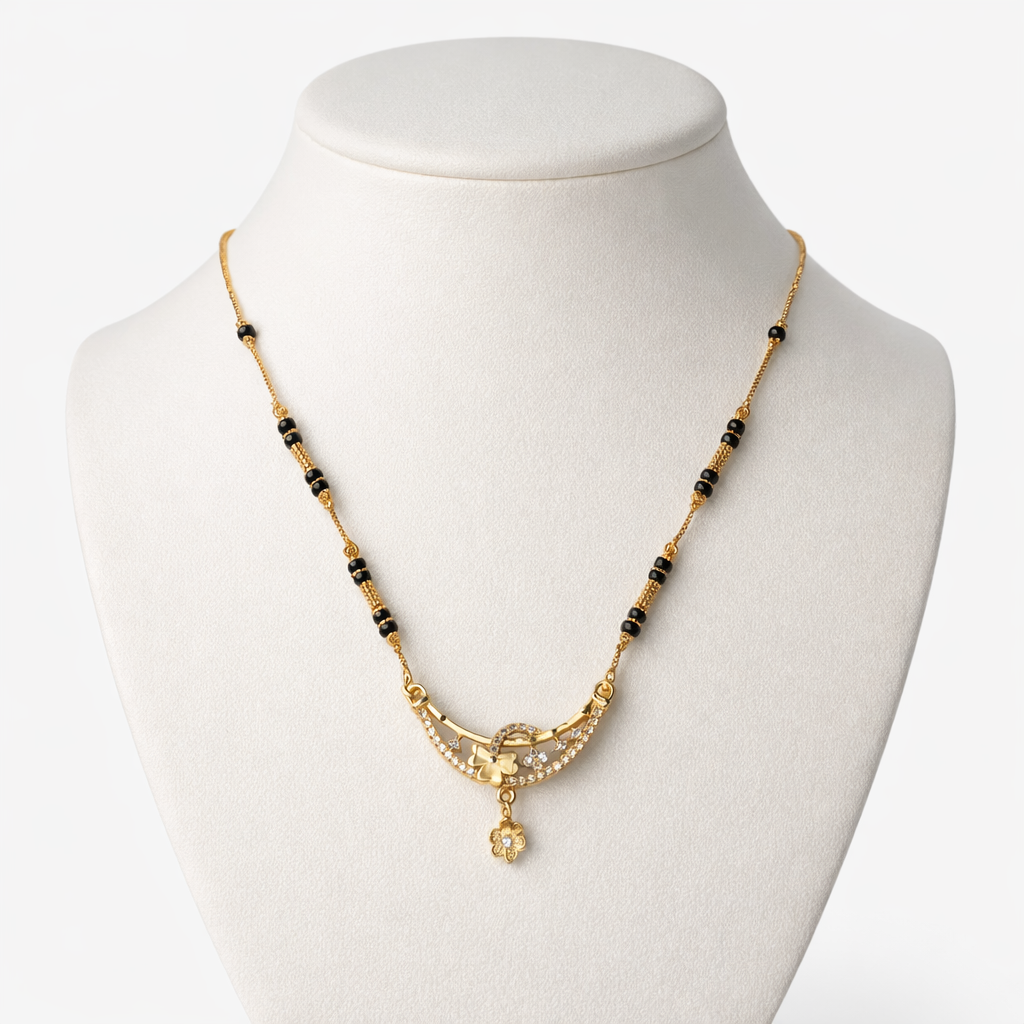 Elegant Short Mangalsutra with Curved Gold Pendant & Crystal Detailing – Modern Black Bead Daily Wear Necklace