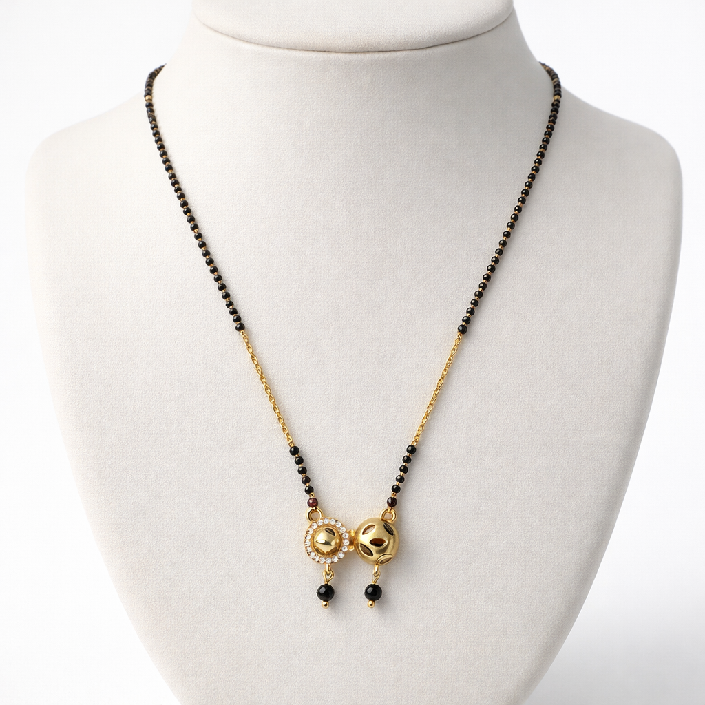 Twin Gold Bead Short Mangalsutra with Crystal Accent – Modern Black Bead Daily Wear Necklace