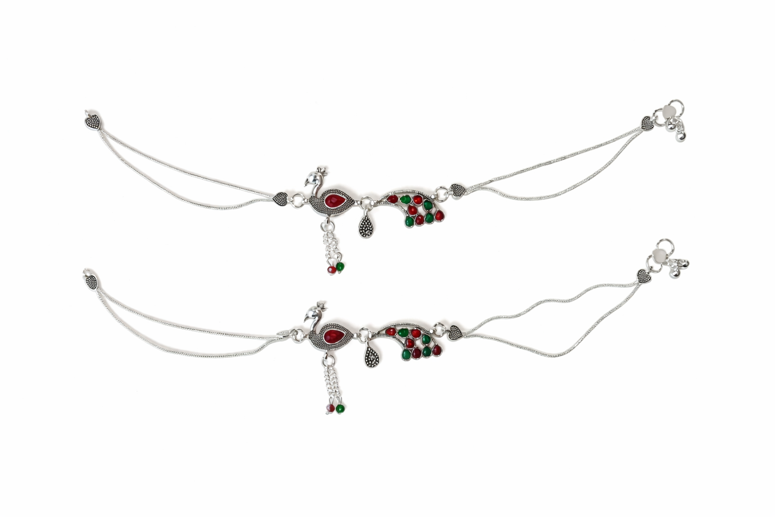 Silver-Plated Peacock Design Anklet for Women | Traditional Multicolor Beaded Payal Jewellery