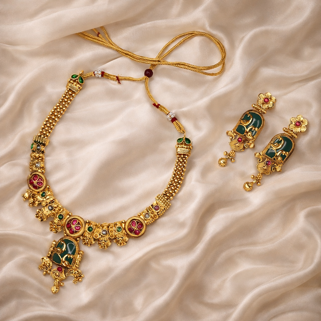 South Indian Temple Design Short Necklace with Matching Earrings – Gold Finish Heritage Jewellery Set