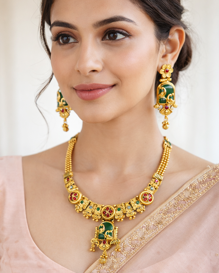 South Indian Temple Design Short Necklace with Matching Earrings – Gold Finish Heritage Jewellery Set