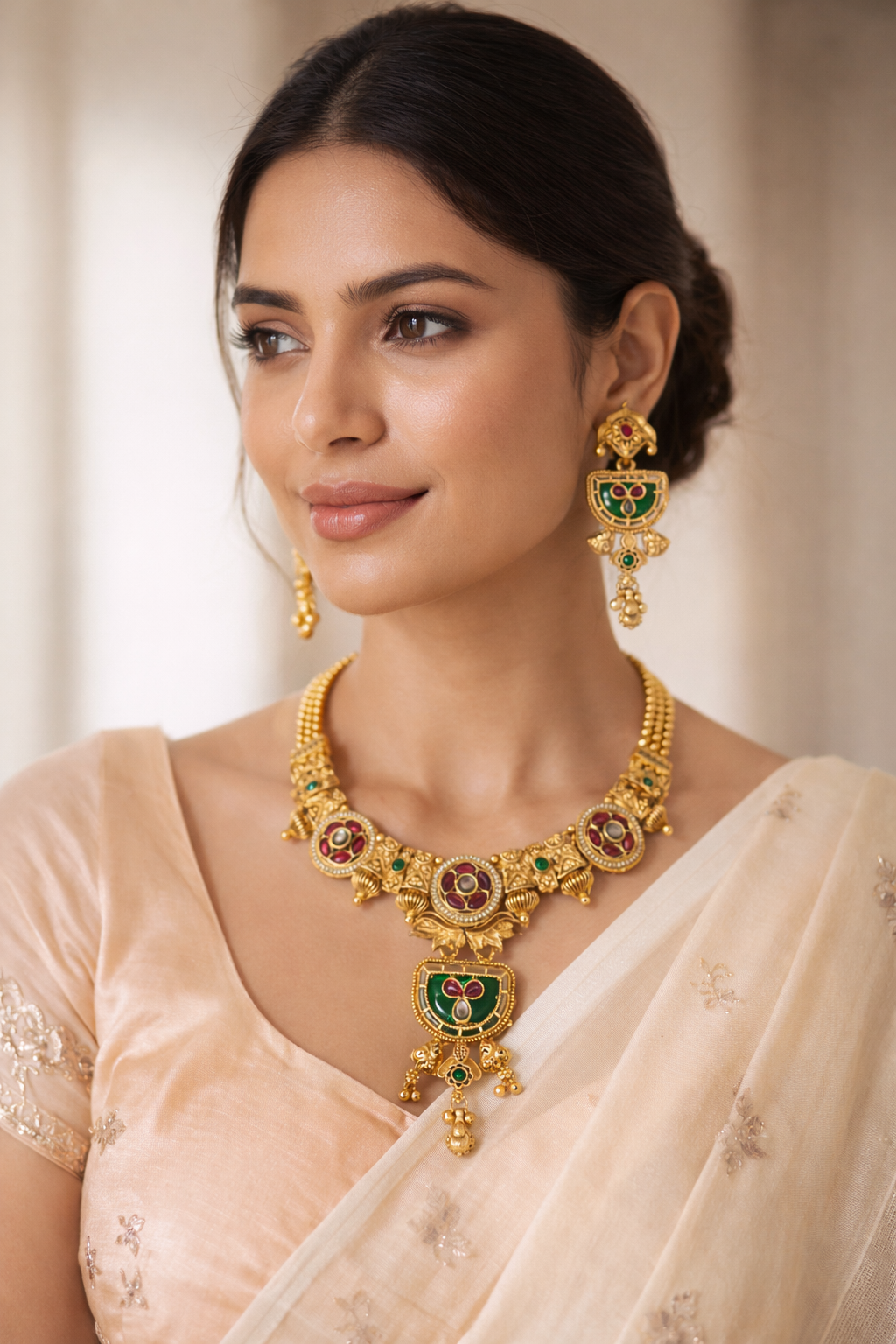Temple Inspired Short Necklace Set with Ruby & Emerald Accents – Antique Gold Finish Bridal Jewellery Set