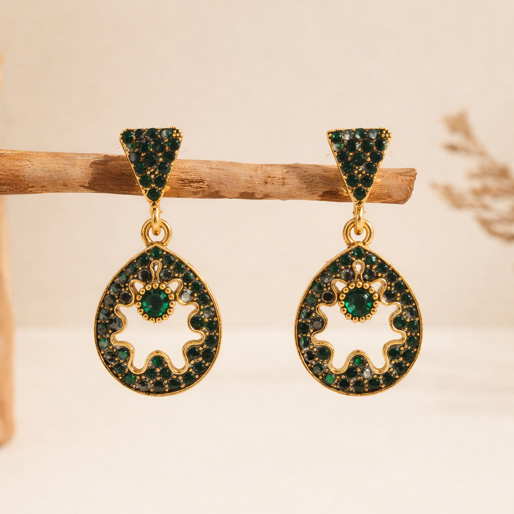 Green Diamond Circular Drop Earrings in Gold Finish