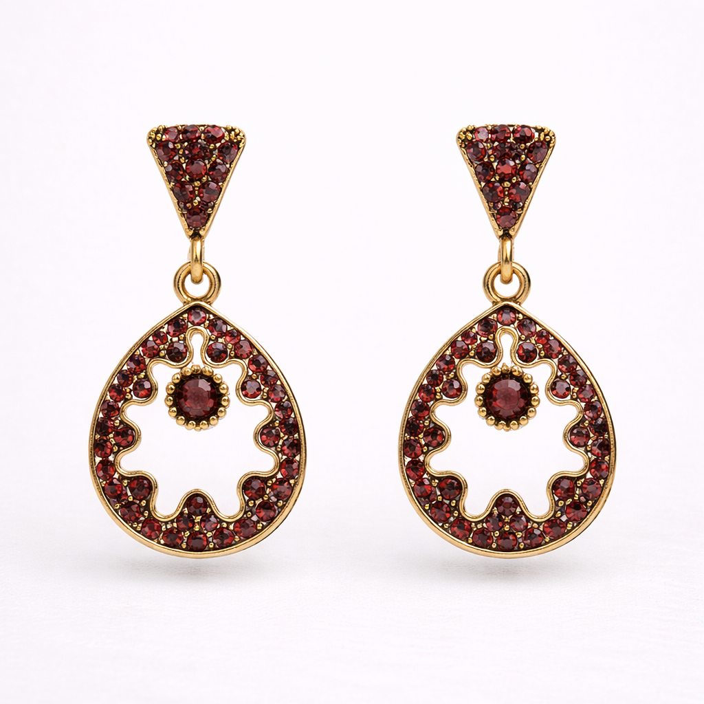 Maroon Diamond Circular Drop Earrings in Gold Finish