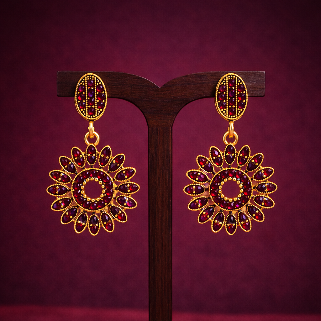 Wine Maroon Diamond Floral Drop Earrings in Antique Gold Finish