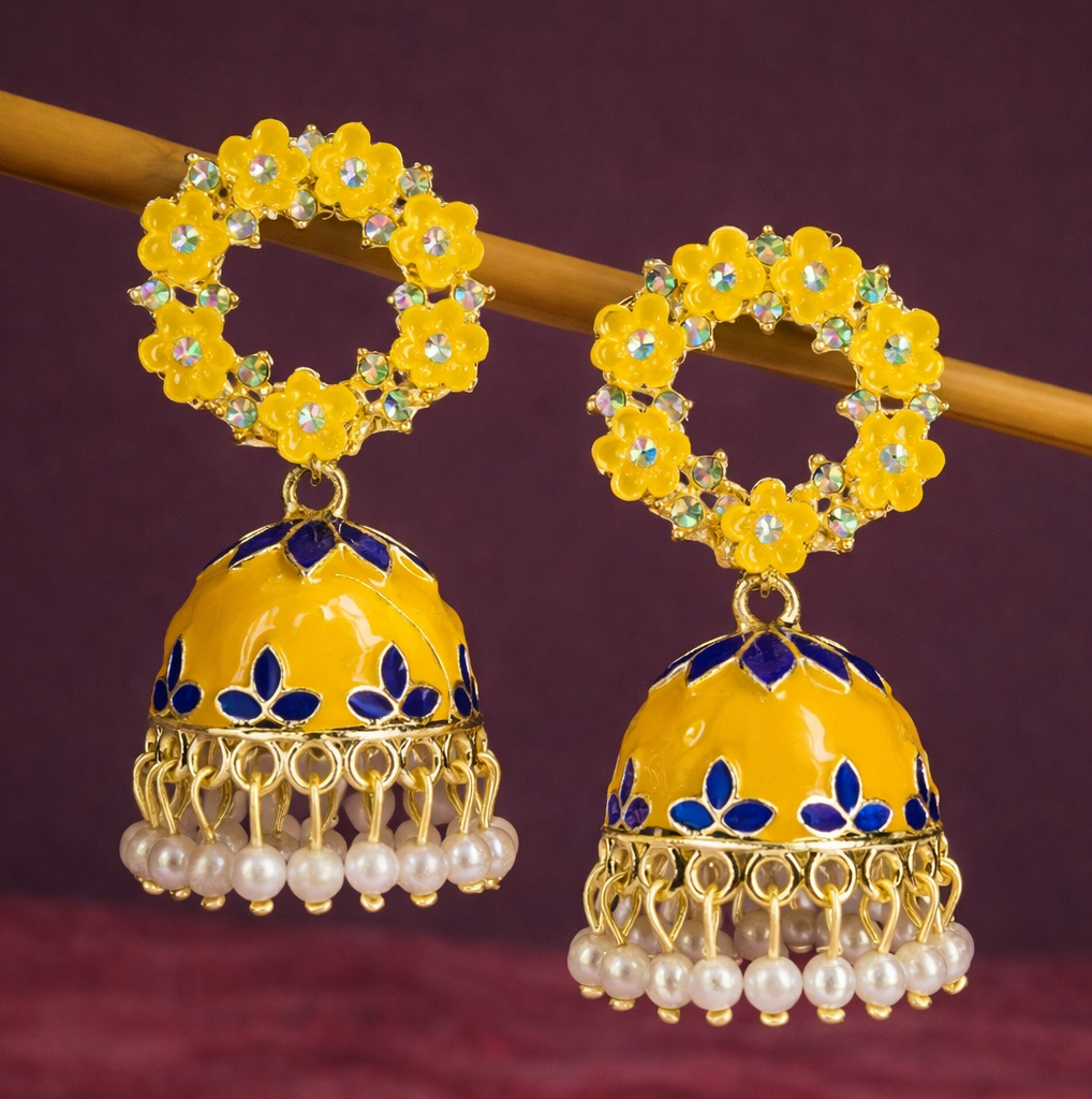 Floral Yellow Kundan Jhumka Earrings with Pearl Drops