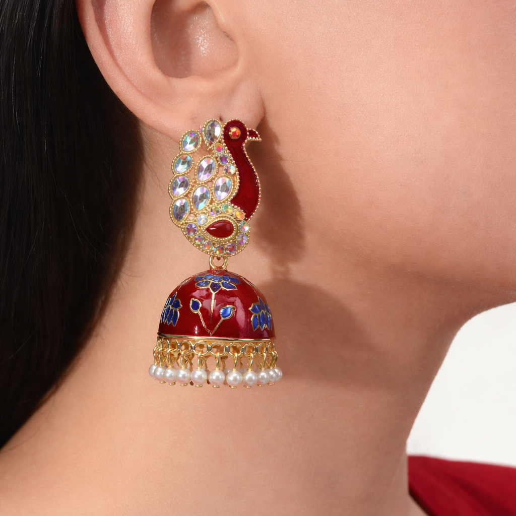 Red Peacock Kundan Jhumka Earrings with Enamel Work & Pearl Drops