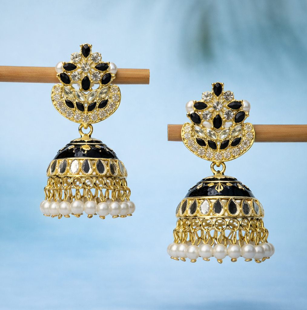 Black Kundan Pearl Jhumka Earrings in Gold Finish