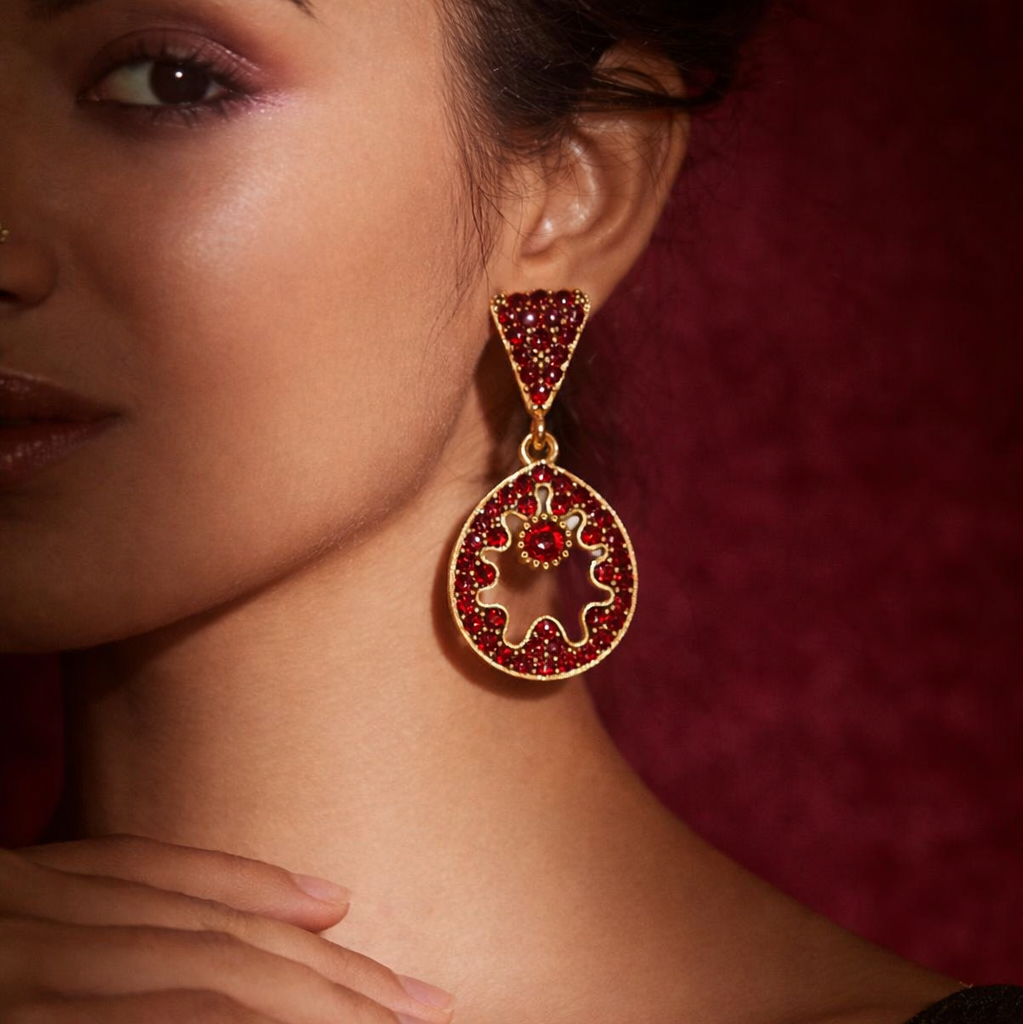 Maroon Diamond Circular Drop Earrings in Gold Finish