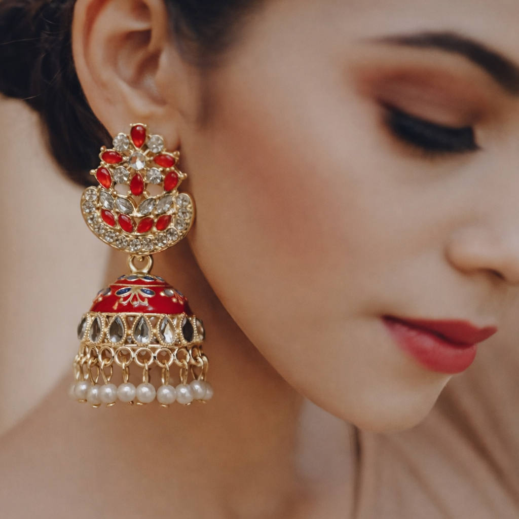 Red Kundan Pearl Jhumka Earrings in Gold Finish