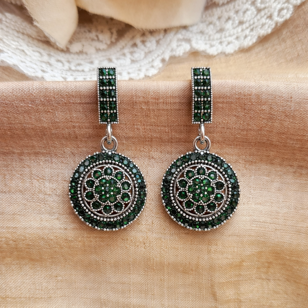 Oxidised Silver Green Diamond Circular Drop Earrings