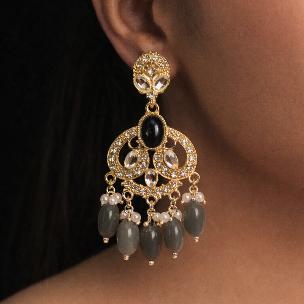 Gold Finish Crystal Chandelier Earrings with Grey Bead Drops