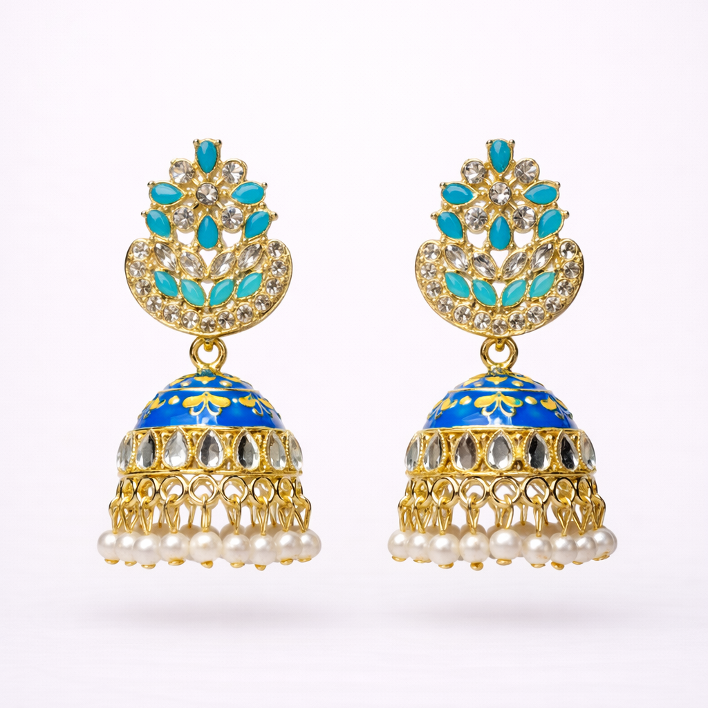 Royal Blue Kundan Pearl Jhumka Earrings in Gold Finish