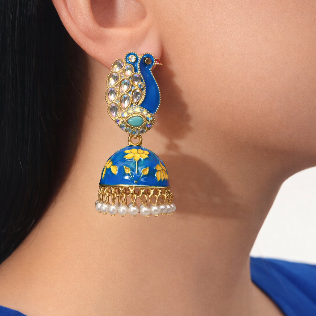Blue Peacock Enamel Jhumka Earrings with Kundan Stones & Pearl Drops