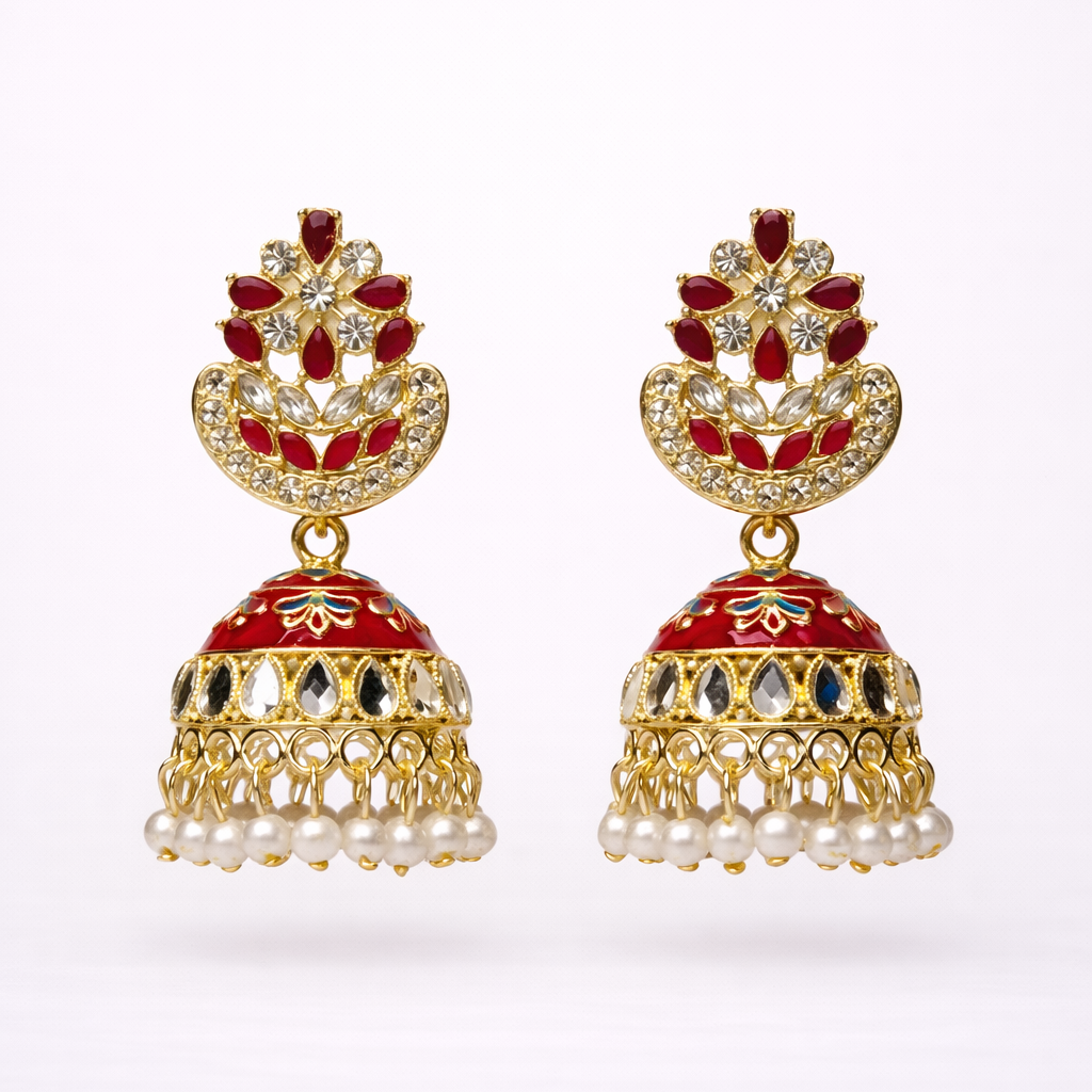 Maroon Kundan Pearl Jhumka Earrings in Gold Finish