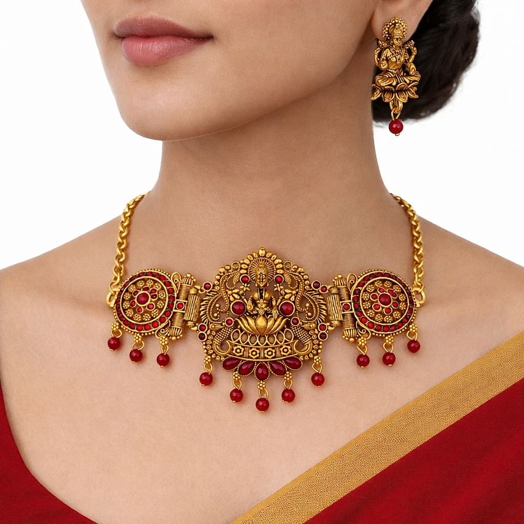 Red Stone & Diamonds Gold Finish Lakshmi Temple Choker Necklace Set with Matching Earrings