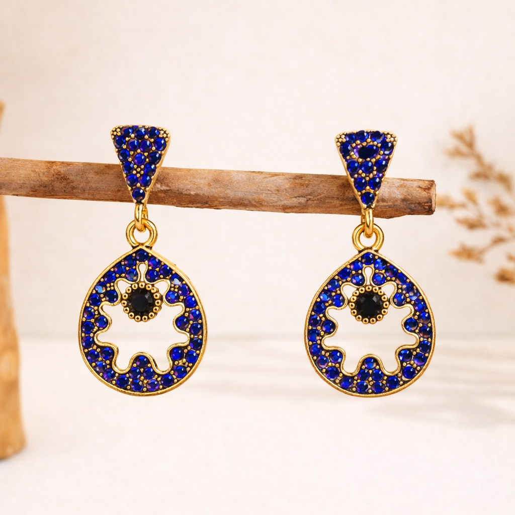 Blue Diamond Circular Drop Earrings in Gold Finish