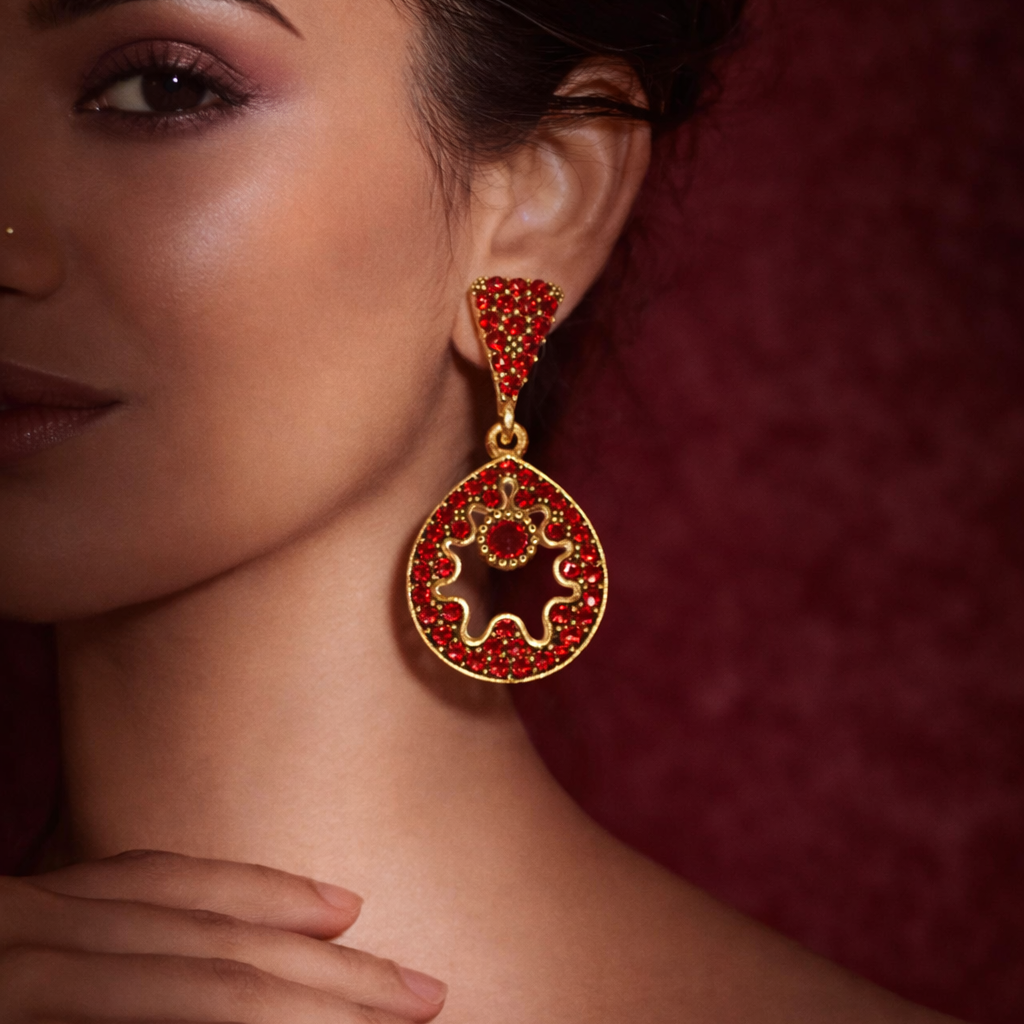 Red Diamond Circular Drop Earrings in Gold Finish