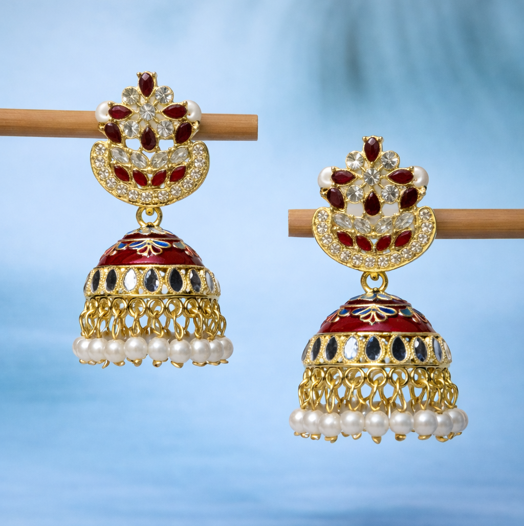 Maroon Kundan Pearl Jhumka Earrings in Gold Finish
