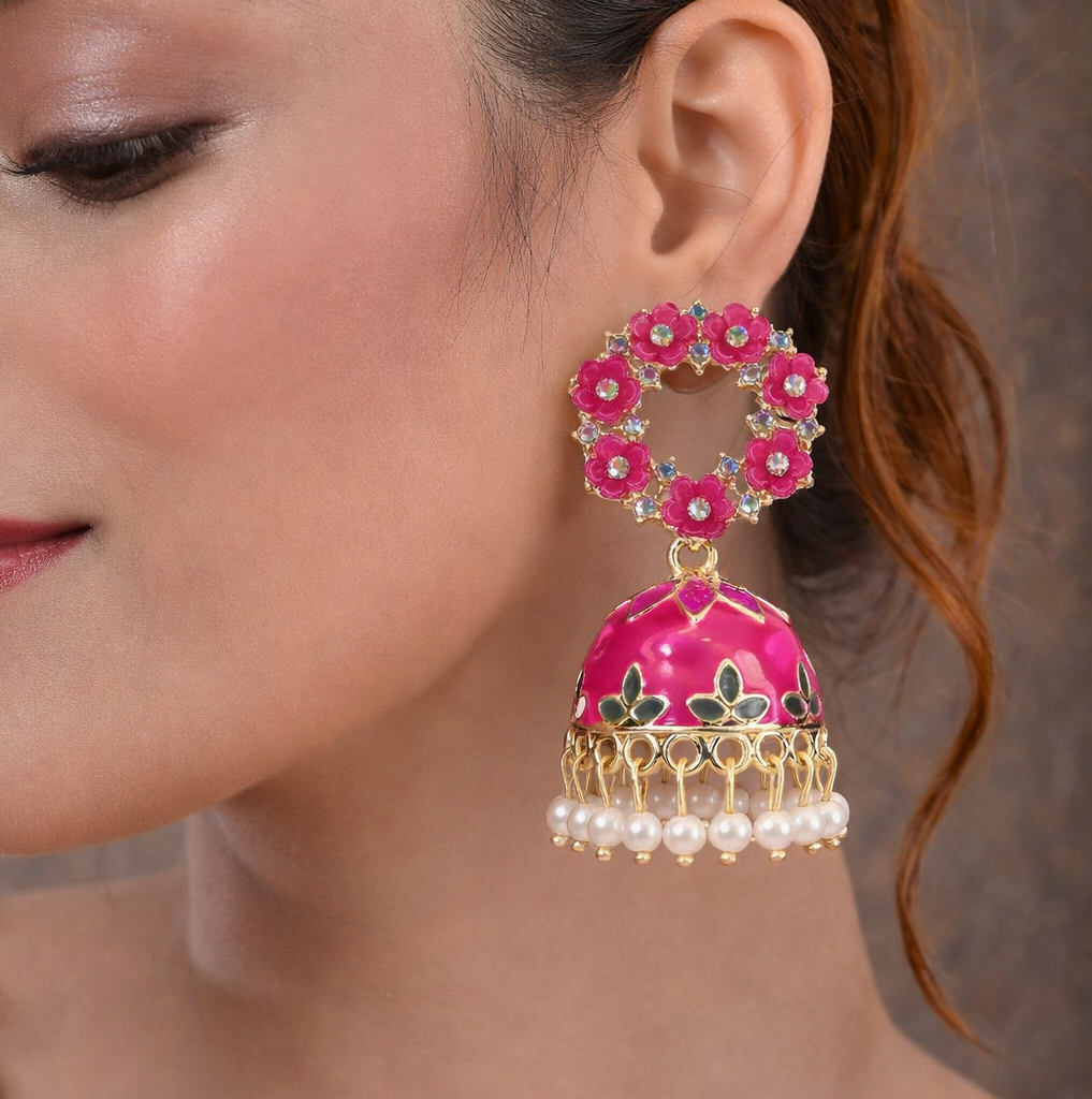 Floral Pink Kundan Jhumka Earrings with Pearl Drop