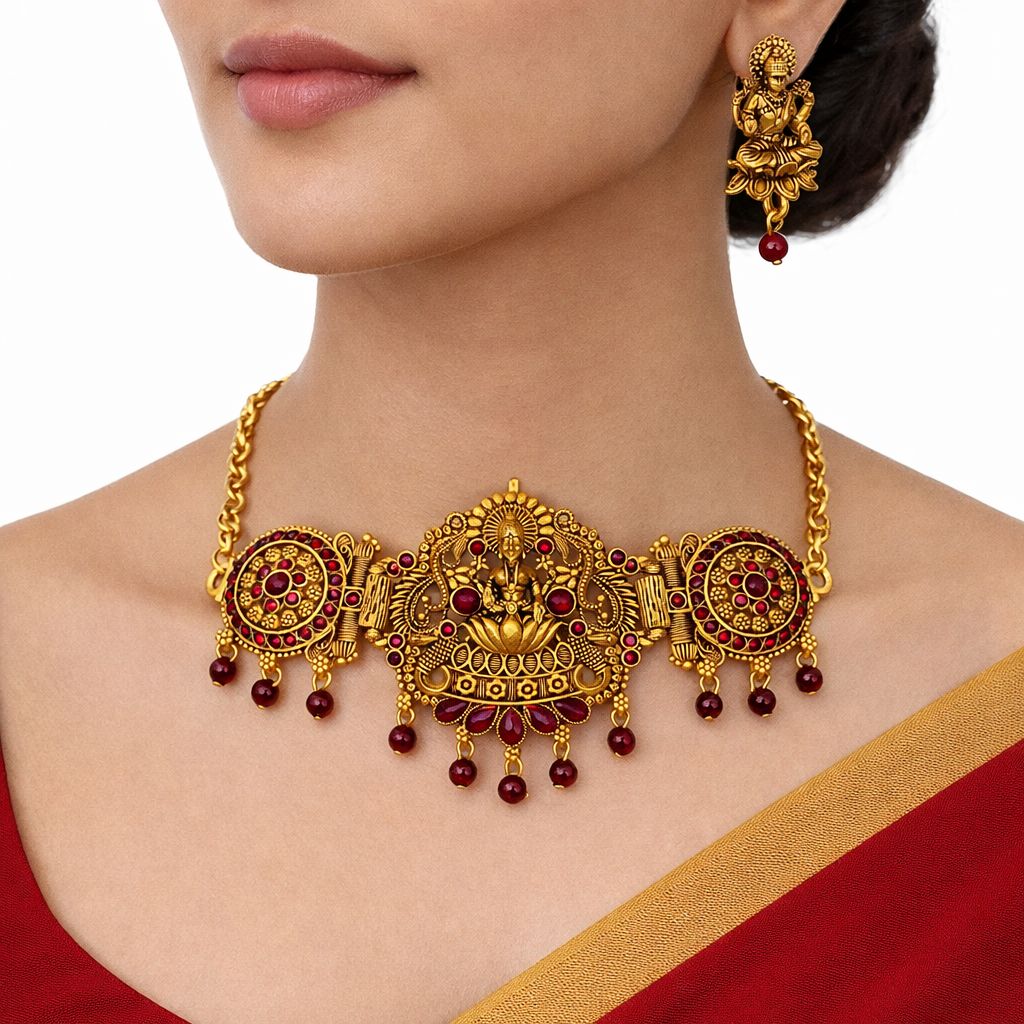 Maroon Stone &Diamonds Gold Finish Lakshmi Temple Choker Necklace Set with Matching Earrings