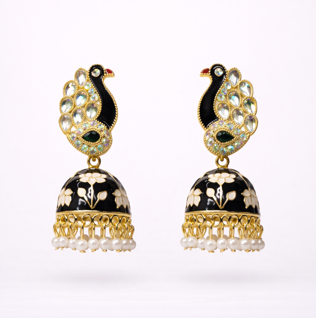 Black Peacock Enamel Jhumka Earrings with Kundan Stones & Pearl Drops
