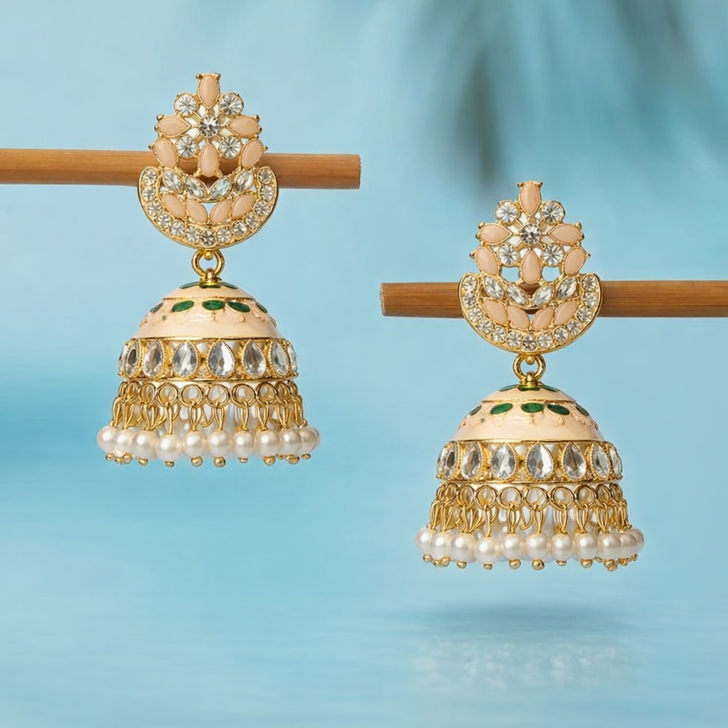 Peach Kundan Pearl Jhumka Earrings in Gold Finish