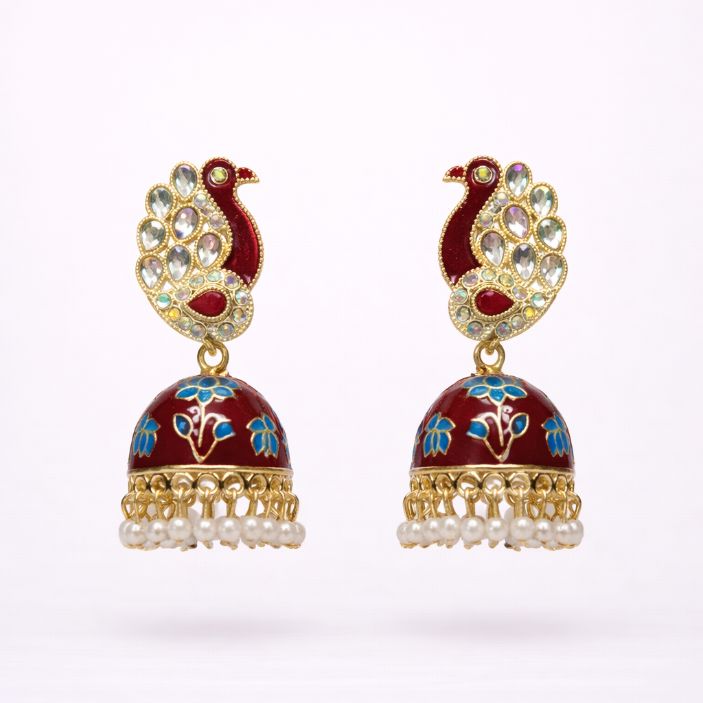 Maroon Peacock Enamel Jhumka Earrings with Kundan Work & Pearl Drops