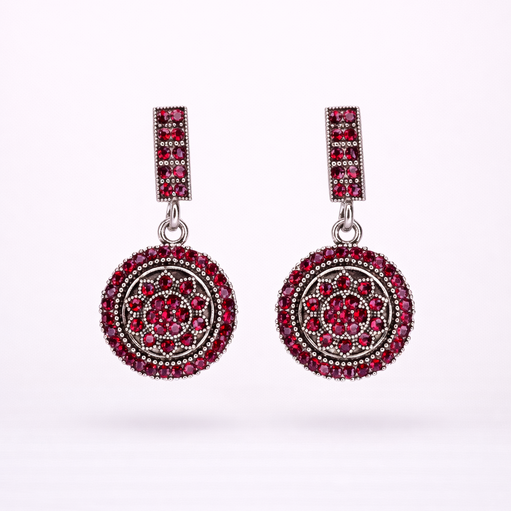 Oxidised Silver Red Diamond Circular Drop Earrings
