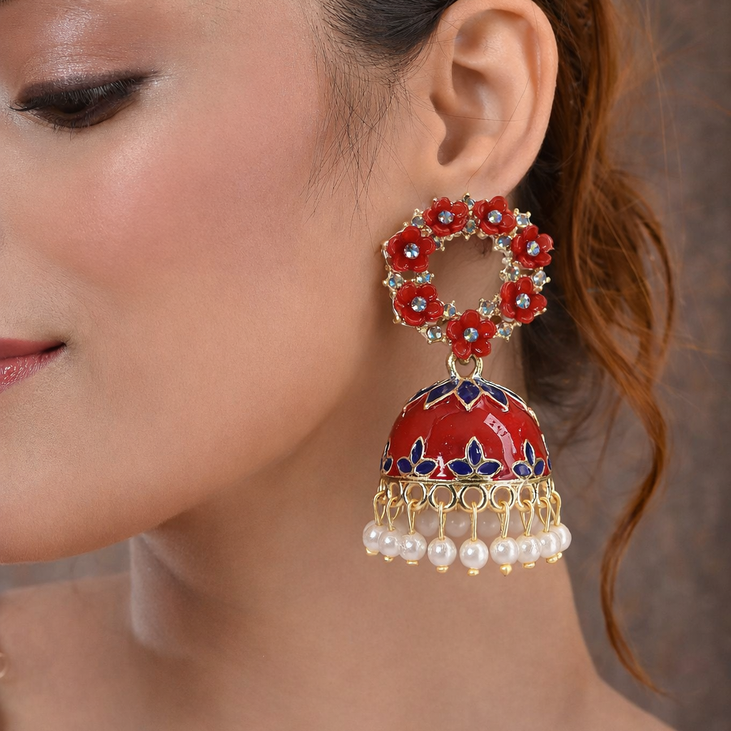 Floral Red Kundan Jhumka Earrings with Pearl Drops