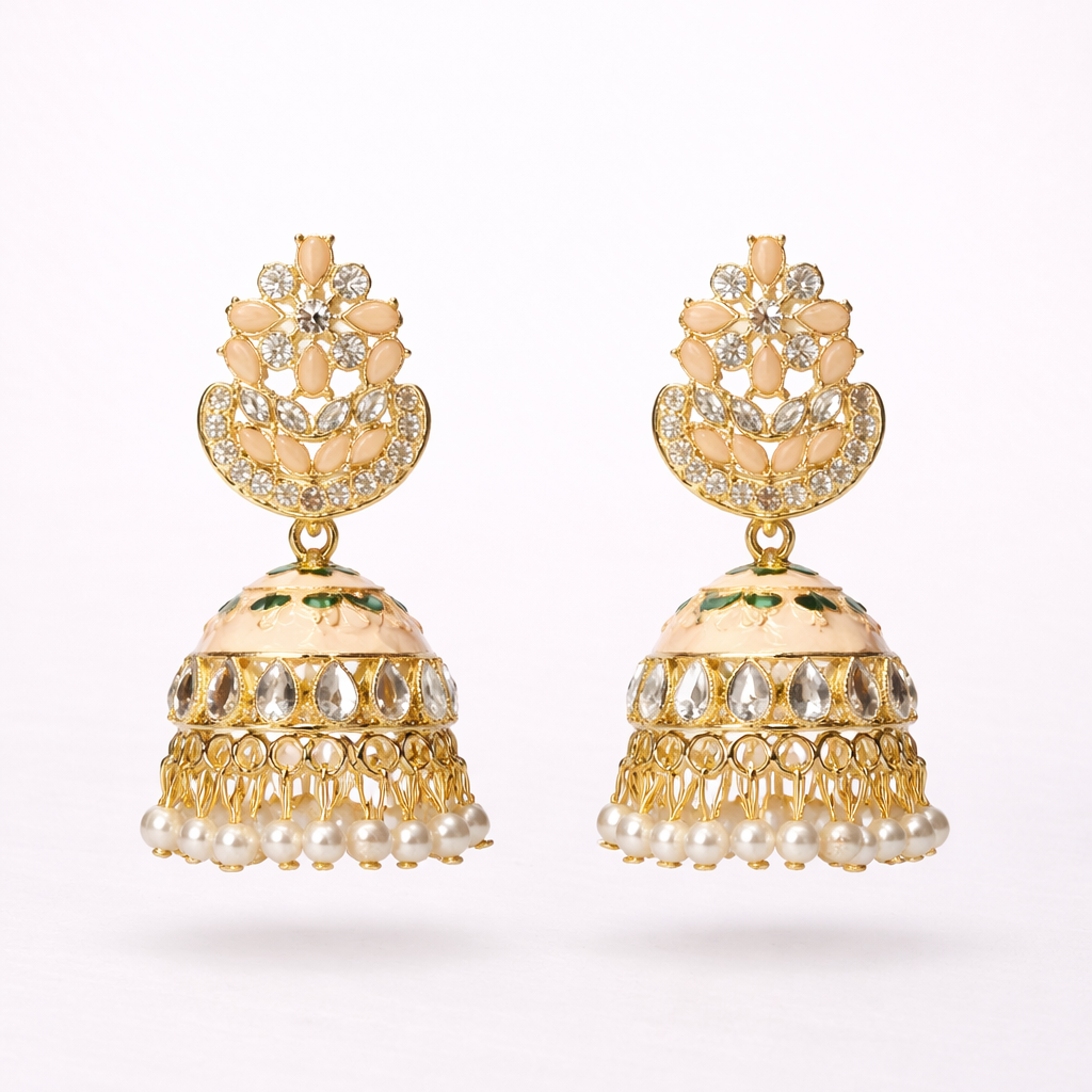 Peach Kundan Pearl Jhumka Earrings in Gold Finish
