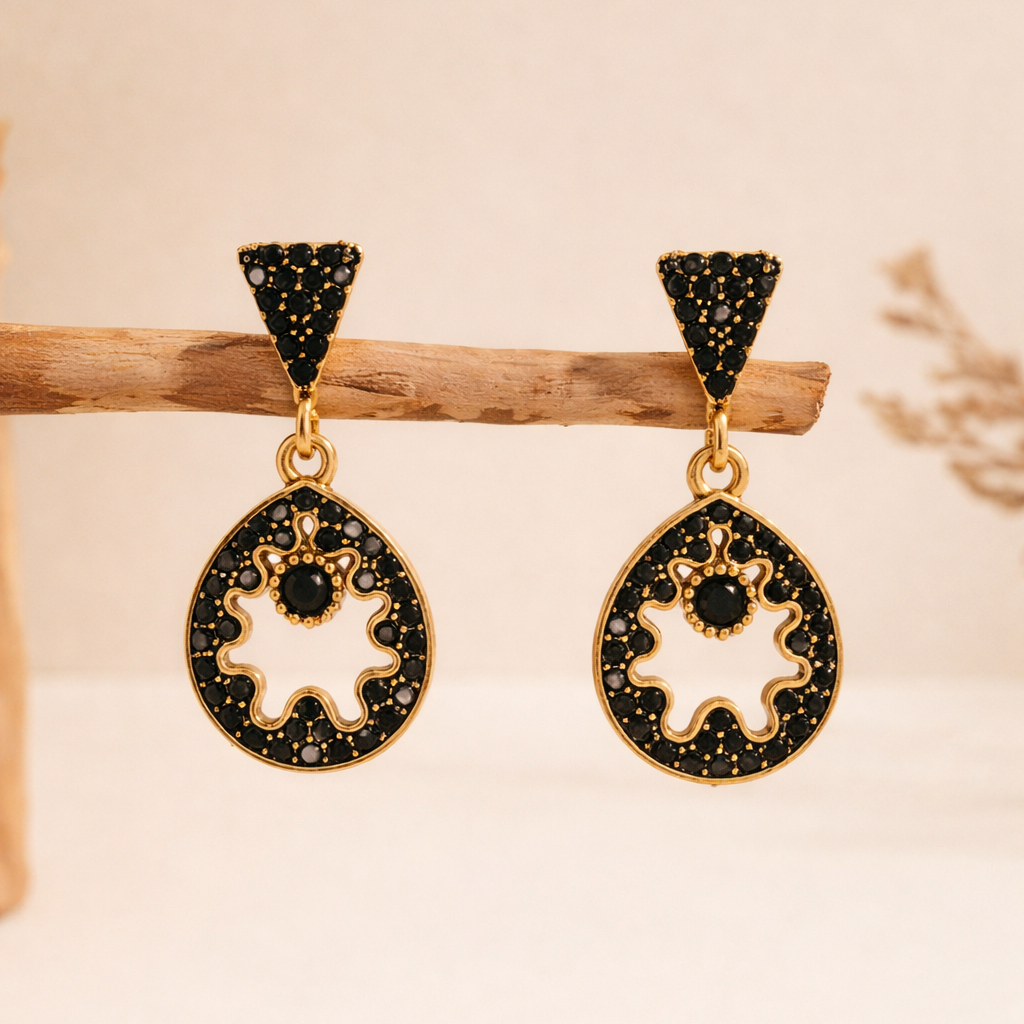 Black Diamond Circular Drop Earrings in Gold Finish