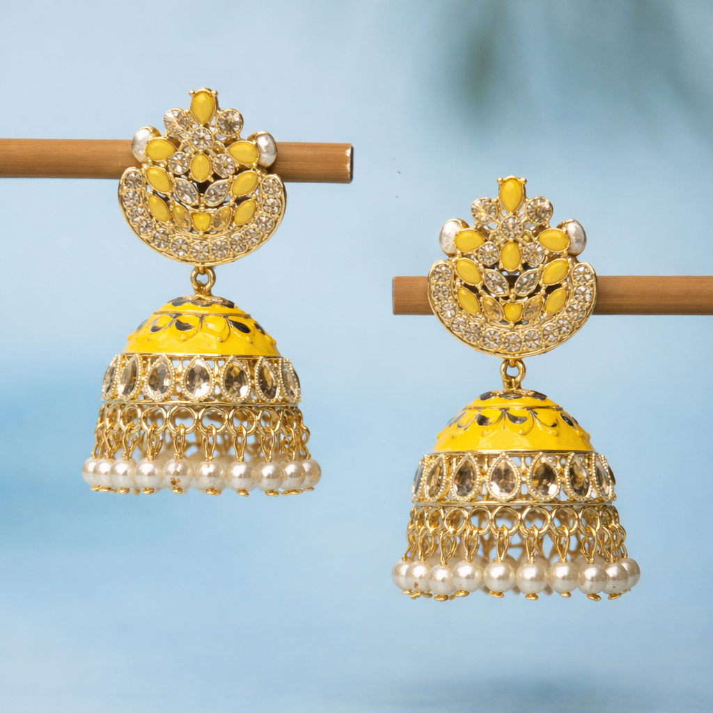 Yellow Kundan Pearl Jhumka Earrings in Gold Finish