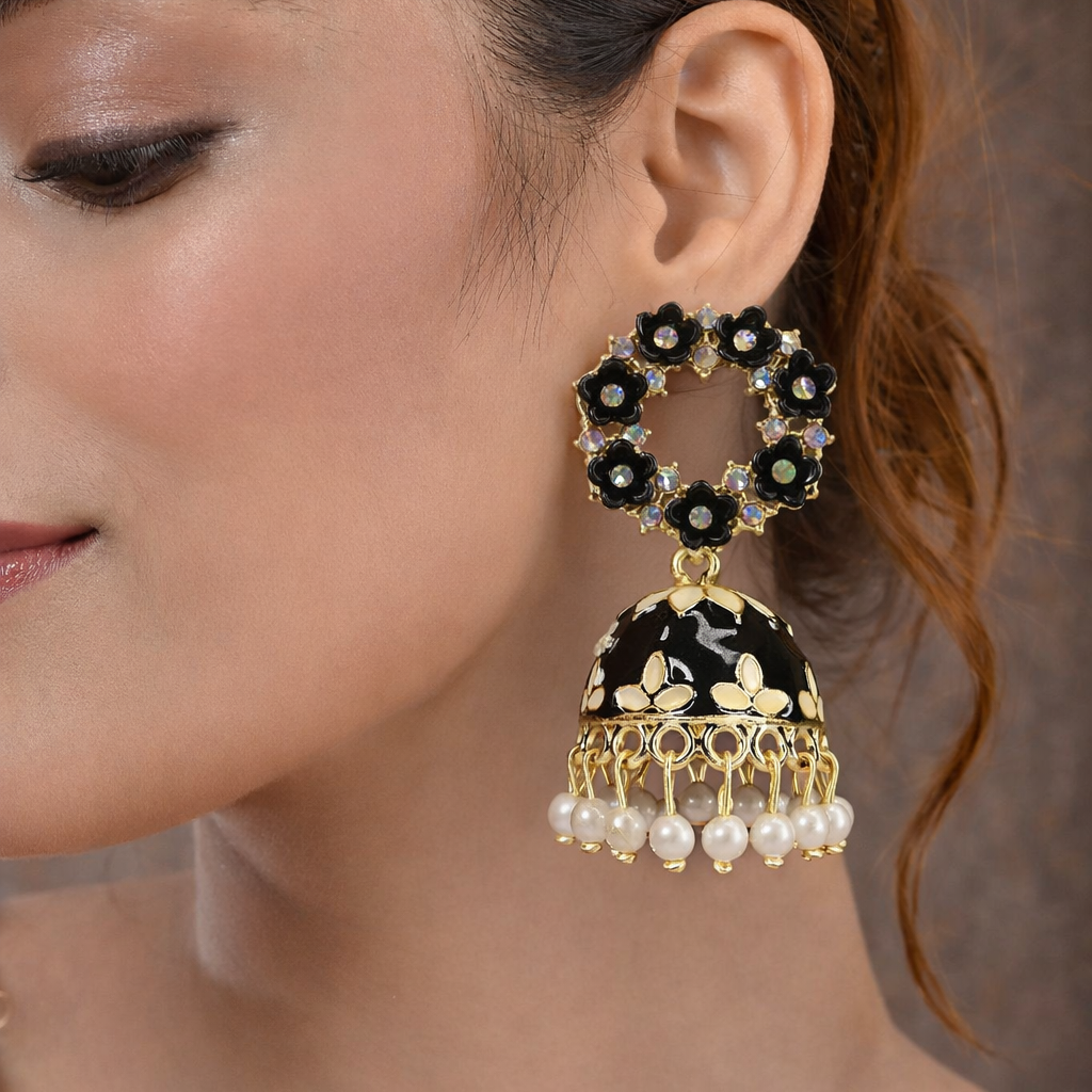 Floral Black Kundan Jhumka Earrings with Pearl Drops