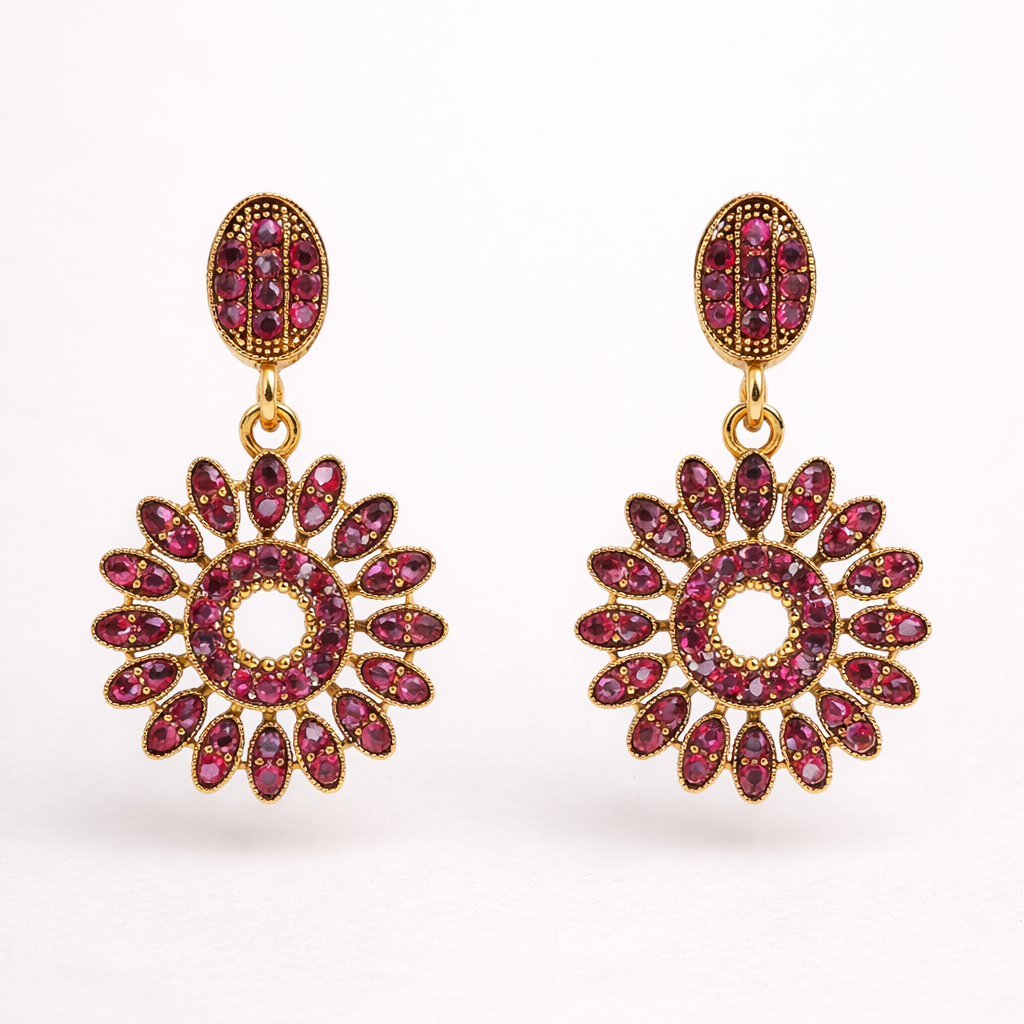 Ruby Maroon Diamond Floral Drop Earrings in Antique Gold Finish