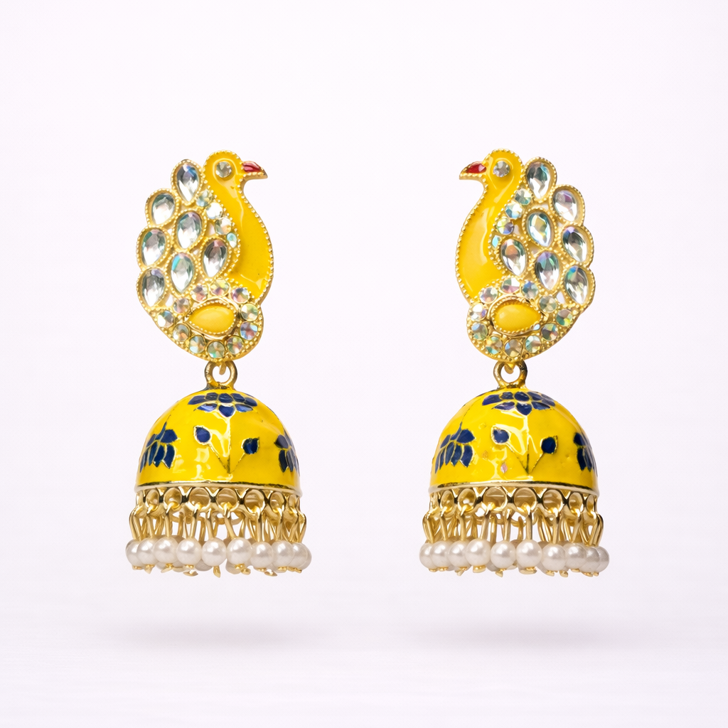 Yellow Peacock Enamel Jhumka Earrings with Kundan Stones & Pearl Drops