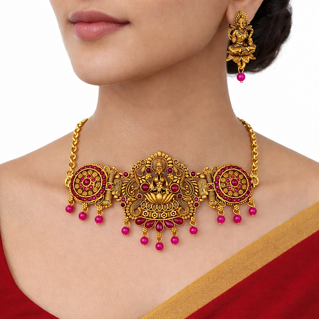 Pink Stone & Diamonds Gold Finish Lakshmi Temple Choker Necklace Set with Matching Earrings