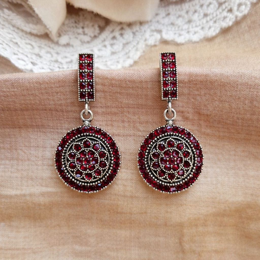 Oxidised Silver Red Diamond Circular Drop Earrings