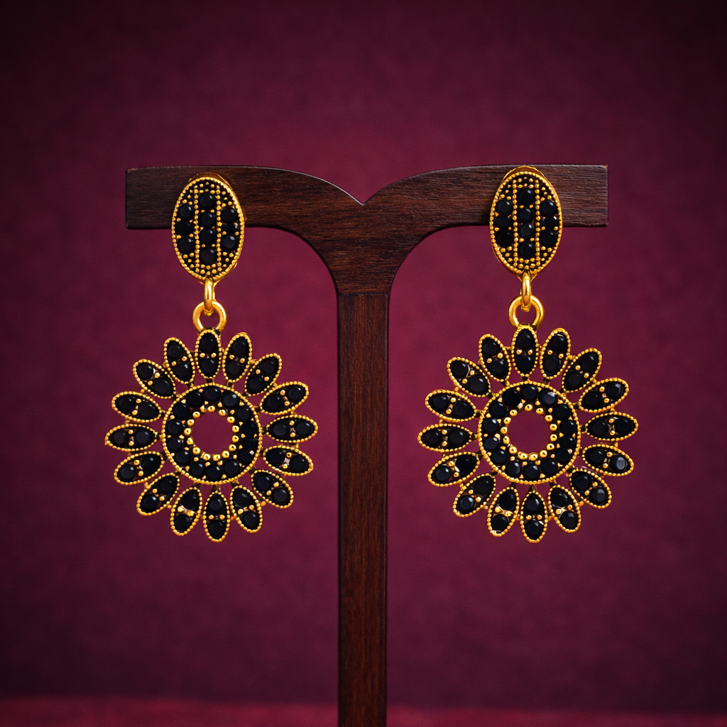 Black Diamond Floral Drop Earrings in Antique Gold Finish