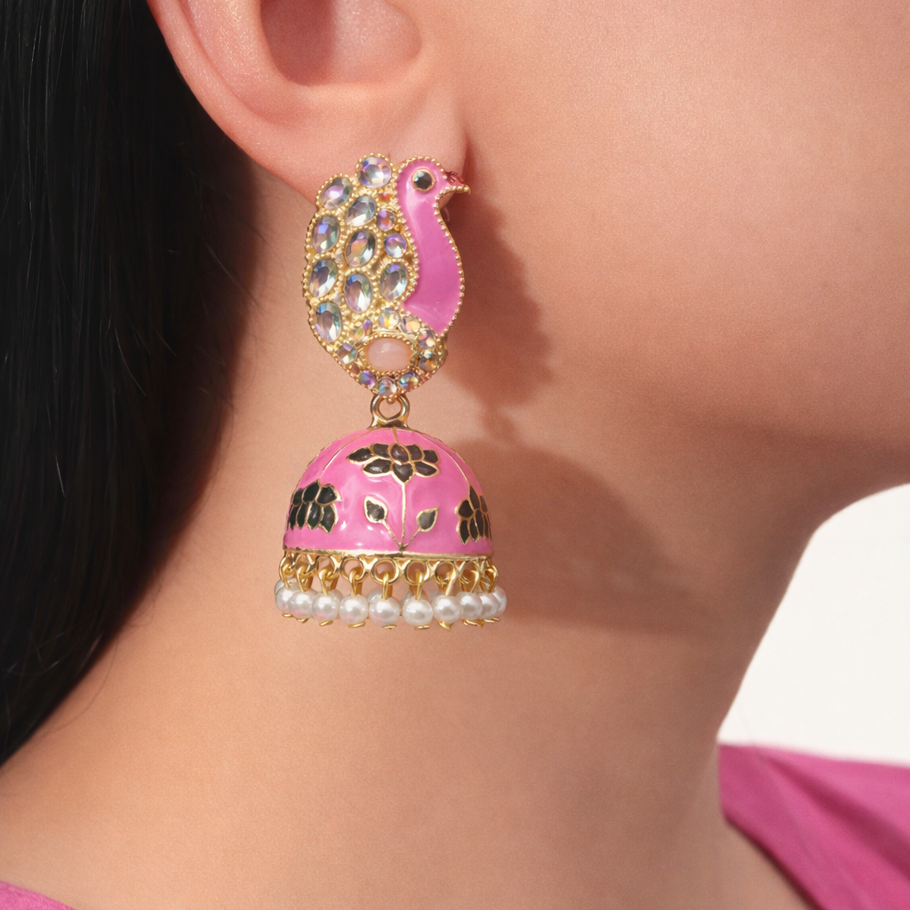 Pink Peacock Enamel Jhumka Earrings with Kundan Stones & Pearl Drops