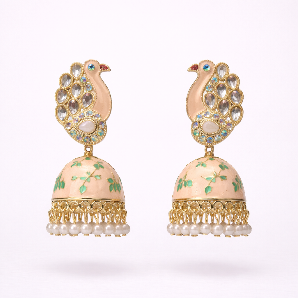 Peach Peacock Enamel Jhumka Earrings with Kundan Stones & Pearl Drops