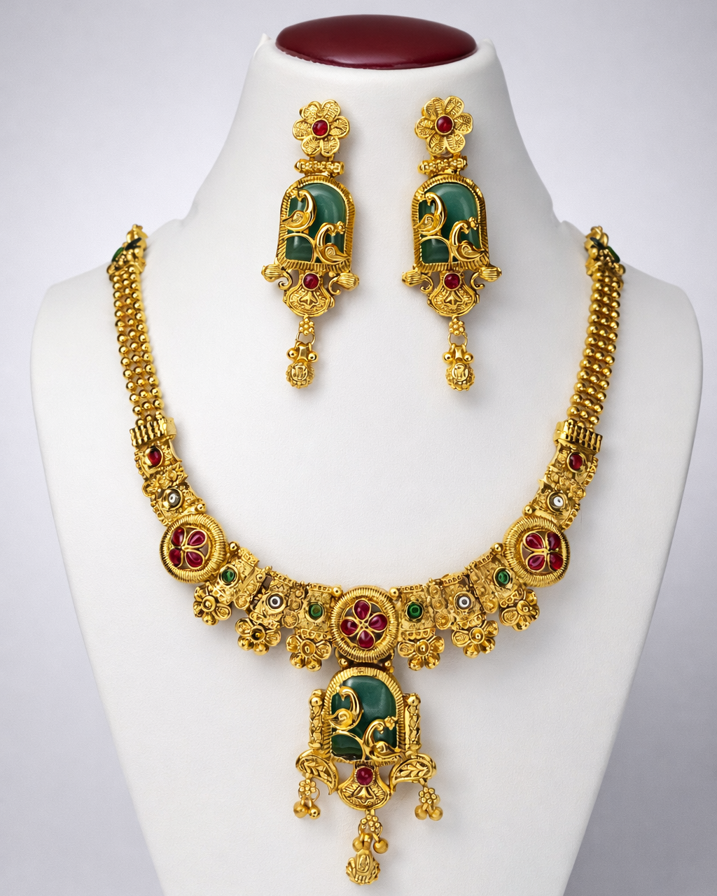 South Indian Temple Design Short Necklace with Matching Earrings – Gold Finish Heritage Jewellery Set